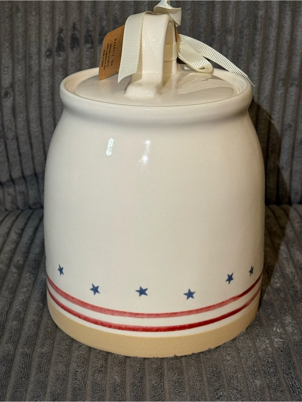 Rae Dunn White Ceramic Canister with Red Stripes & Blue Stars- HOMEMADE- NWT